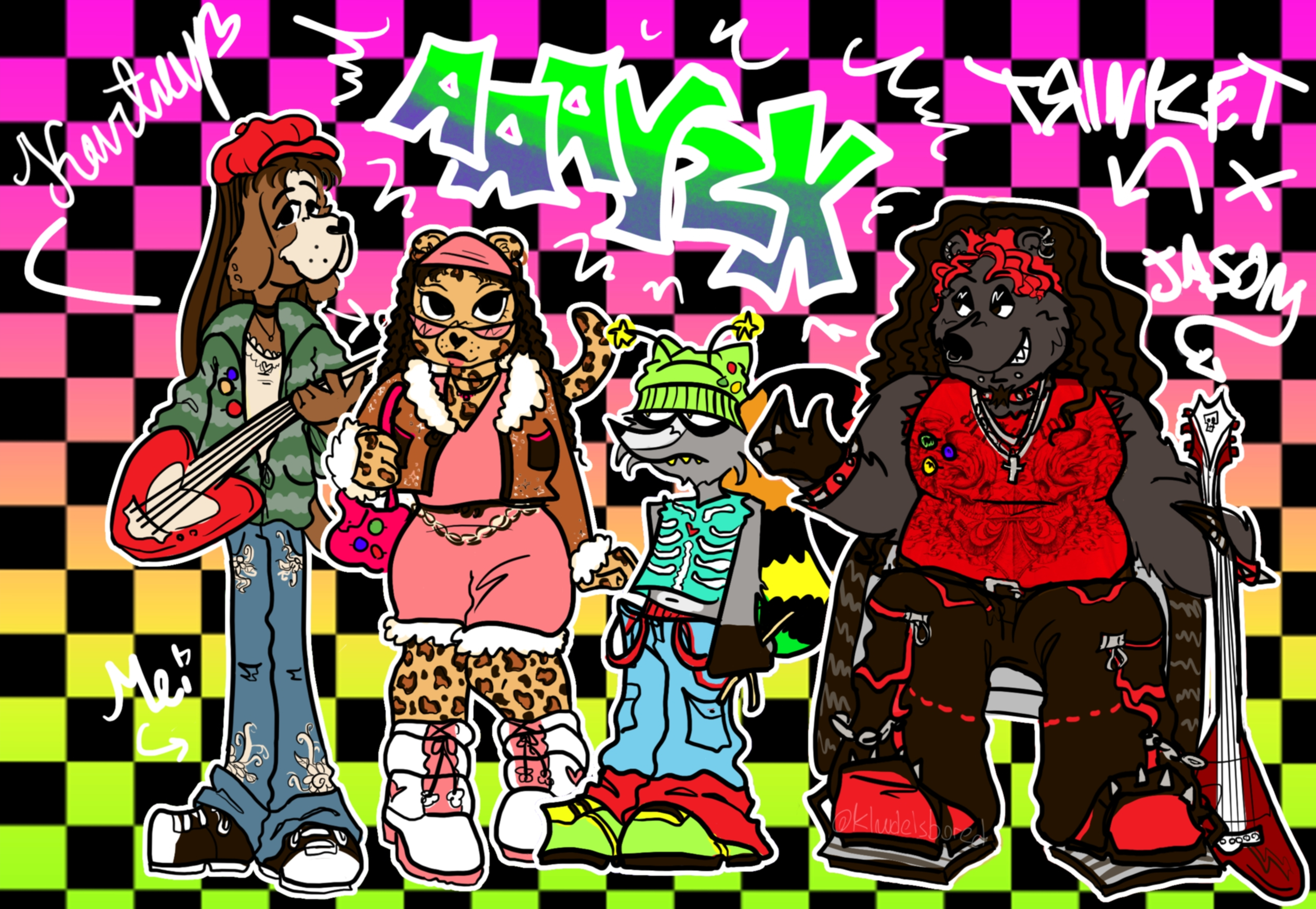 The band members of AAAY2K against a rainbow and black checkered background, their logo 'AAAY2K,' and their signatures. From left to right is Mei, a basset hound in casual clothing holding a bass in the shape of a heart, Kourtney, a fashionable leopard wearing a lot of pink with braids, Trinket, a raccoon in a colorful eyesore getup and a rainbow tail, and Jason, a metalhead bear in a wheelchair, holding a red guitar.