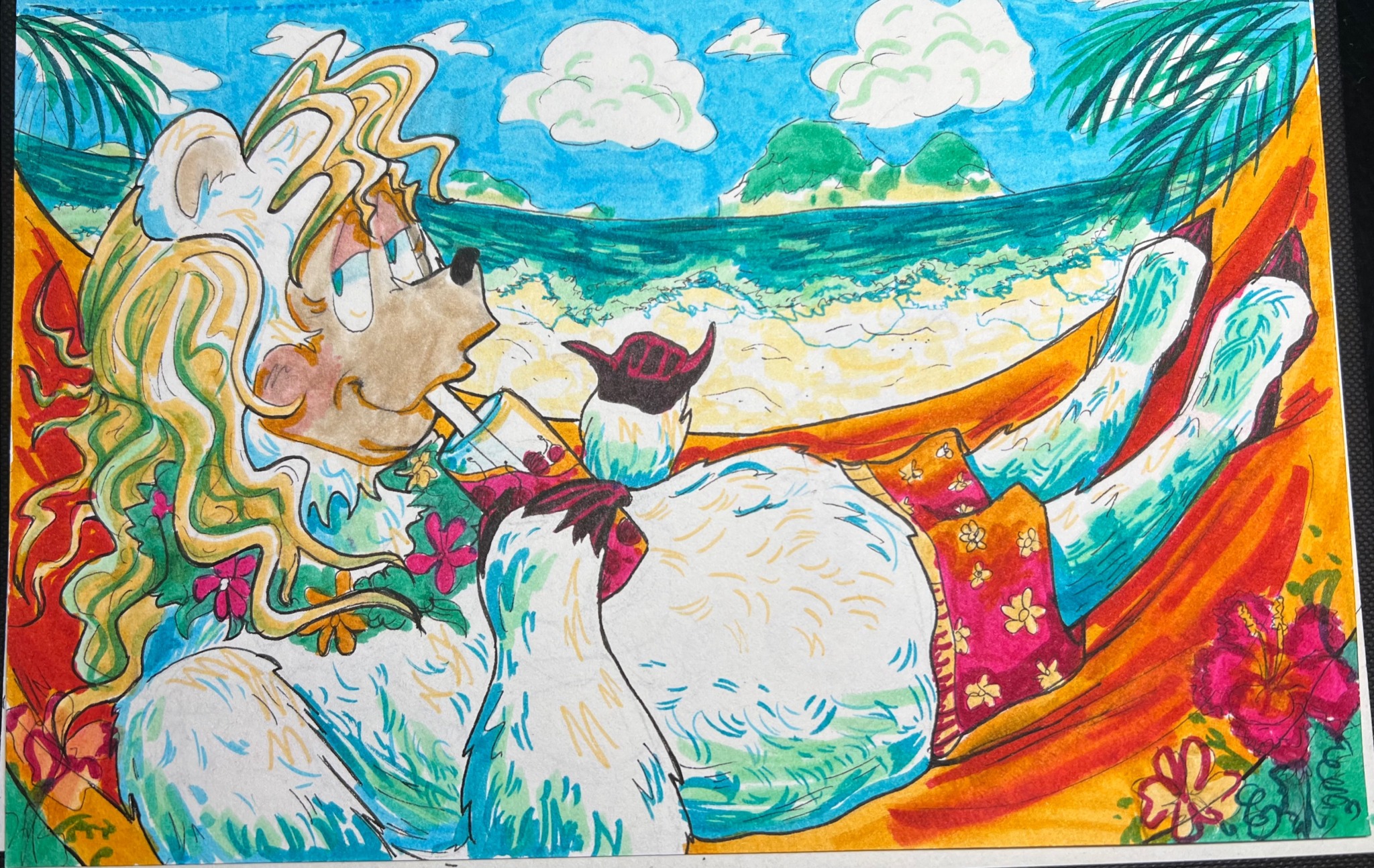 Colorful traditional art of Beach Bear drinking a shirley temple while smirking at the viewer, laying in a hammock surrounded by tropical plants on the beach.