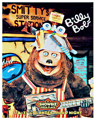 Billy Bob animatronic in his wildly decorated colander.