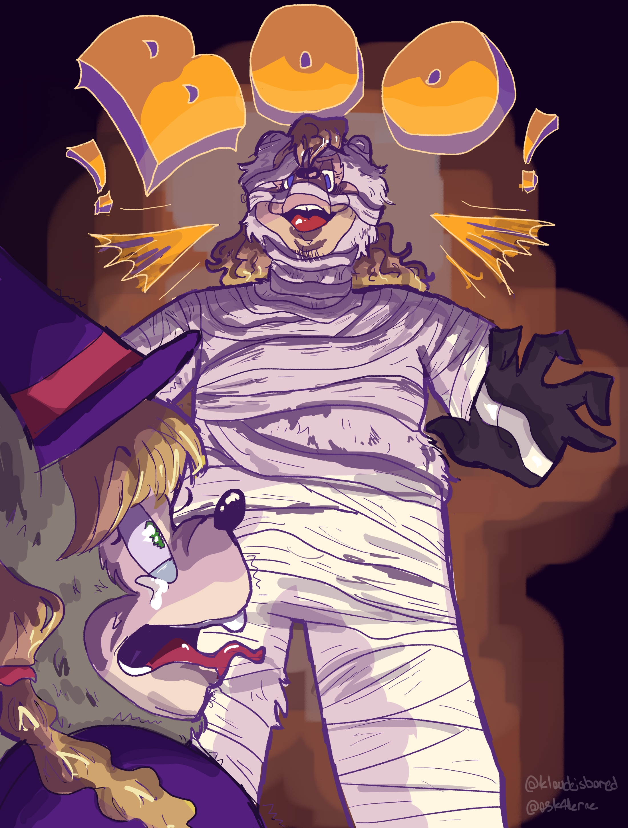 Digital art of Mitzi and Beach Bear. Beach Bear is towering over Mitzi, wearing a mummy costume and Mitzi, in a witch costume, screams. There is orange text above them saying 'BOO!'