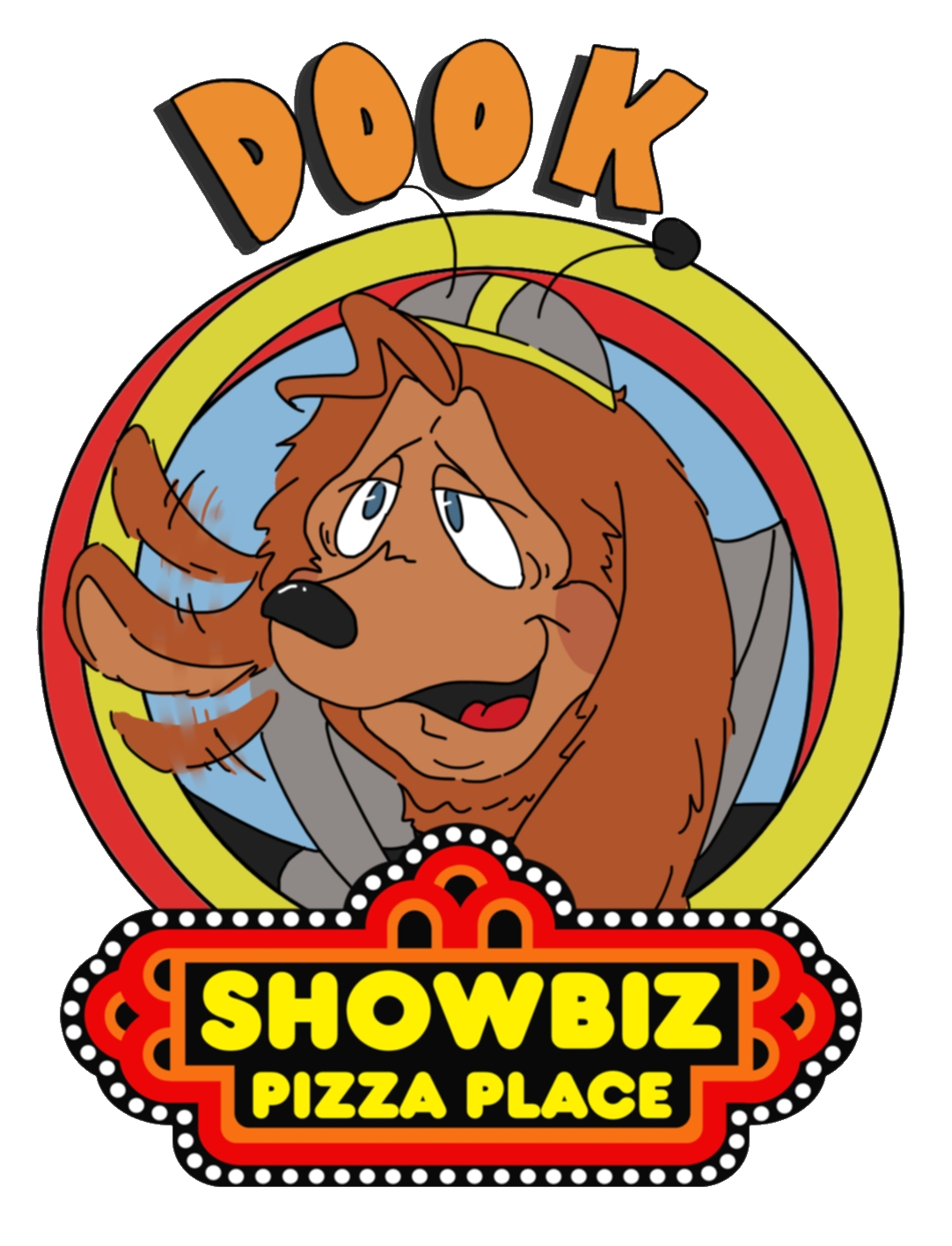A digital drawing of Dook Larue with the showbiz pizza logo.
