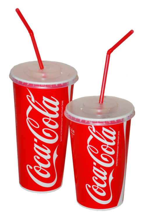 Two red cups of coca-cola with the coca-cola logo.