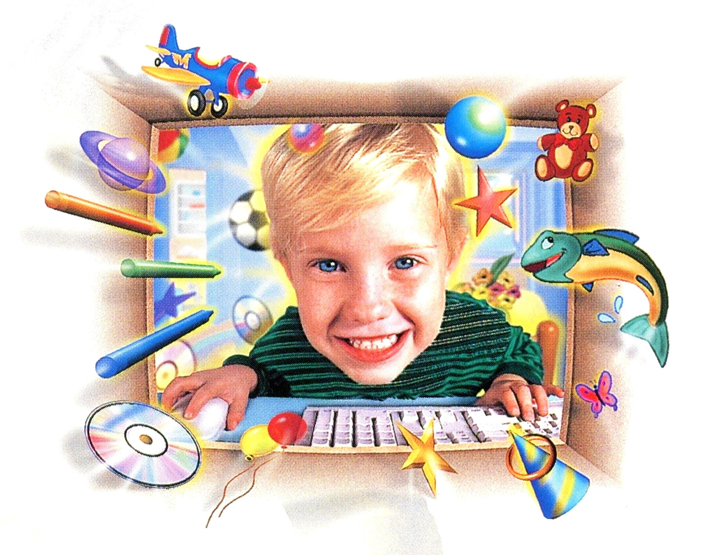 A young child peering in through a computer screen surrounded by various colorful fun objects such as balloons and a CD disc.