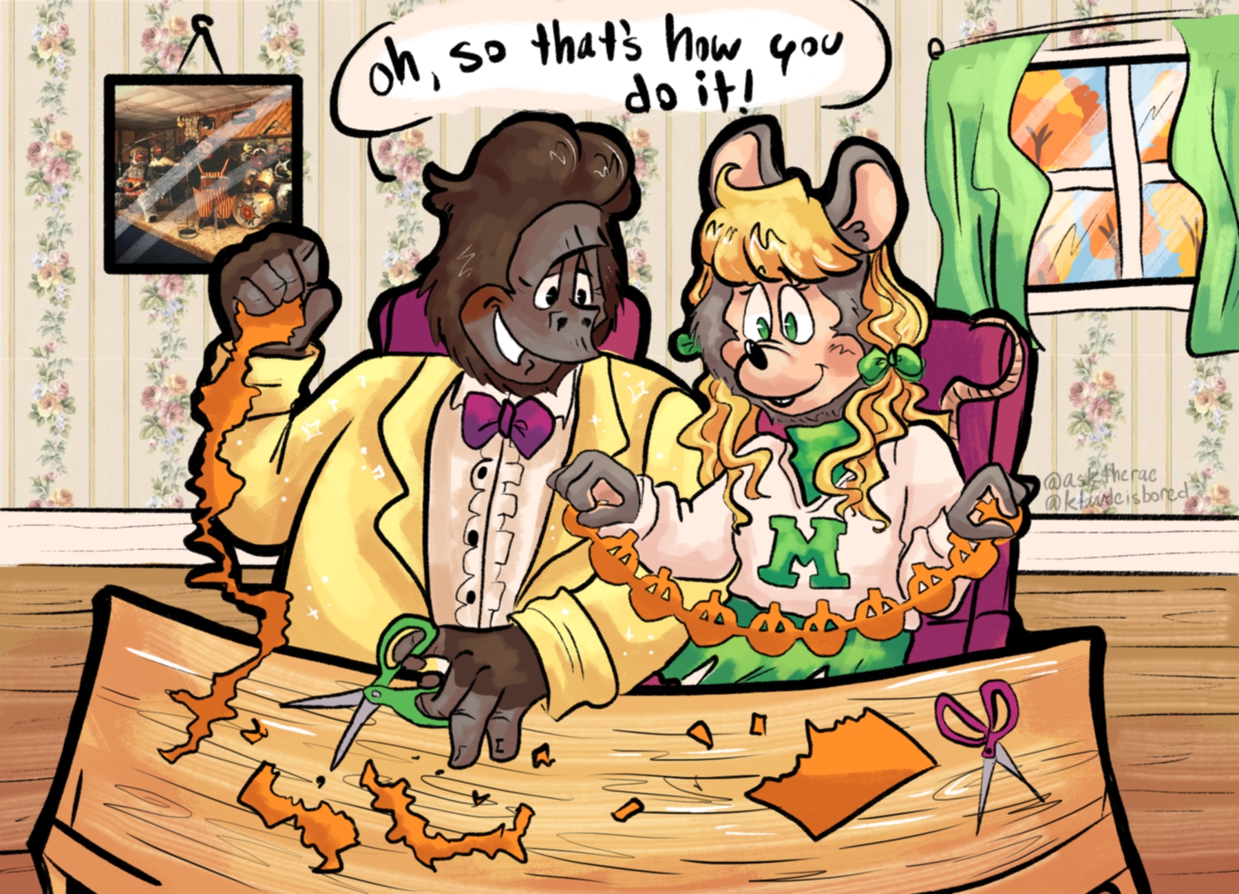 A digital drawing of Fatz and Mitzi making paper chains representing pumpkins at a dinner table within a cozy house during autumn. Mitzi makes a perfect pumpkin paper chain, but Fatz's is cut up terribly. He looks at Mitzi's chain and remarks, 'Oh, so thats how how you it!'