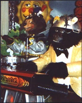 Fatz and dook animatronics wearing their decorated colanders.