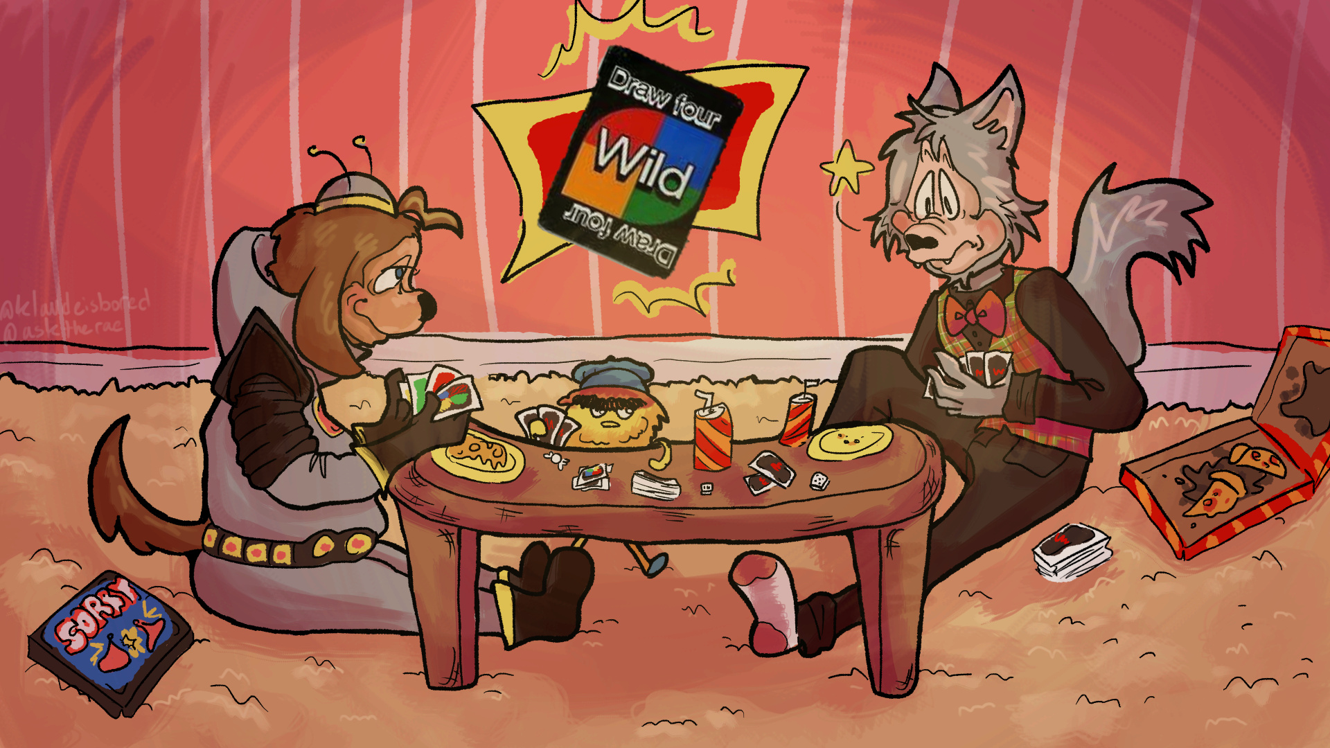 A digital drawing of Dook, Earl, and Rolfe playing uno together on the floor. Dook pulls a draw 4 card on Rolfe and he looks comically worried about it. There is various junk food and cards surrounding them.