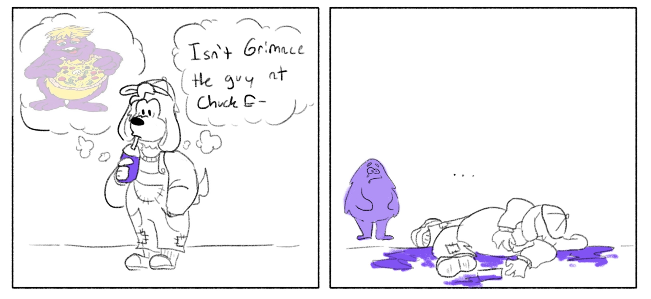 A comic depicting Dook in his nrae outfit drinking a grimace shake. A thought bubble above his head says 'Isn't Grimace the guy at Chuck E-' and and image of Mr. Munch from Chuck E. Cheese. The next panel depicts him on the floor in the peter griffin death pose with a purple puddle of grimace shake beneath him. Grimace stares in horror.