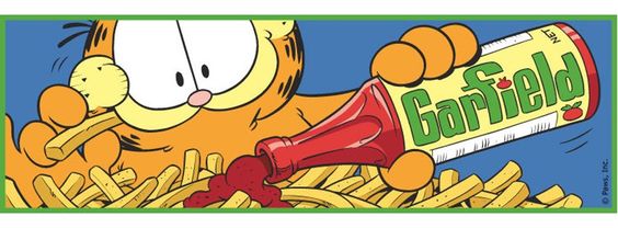 Garfield pouring ketchup over a large pile of fries