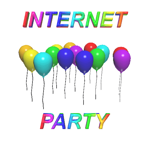 Rainbow balloons along with rainbow text saying 'INTERNET PARTY'