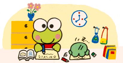 An illustration of Keroppi the frog coloring at a table.