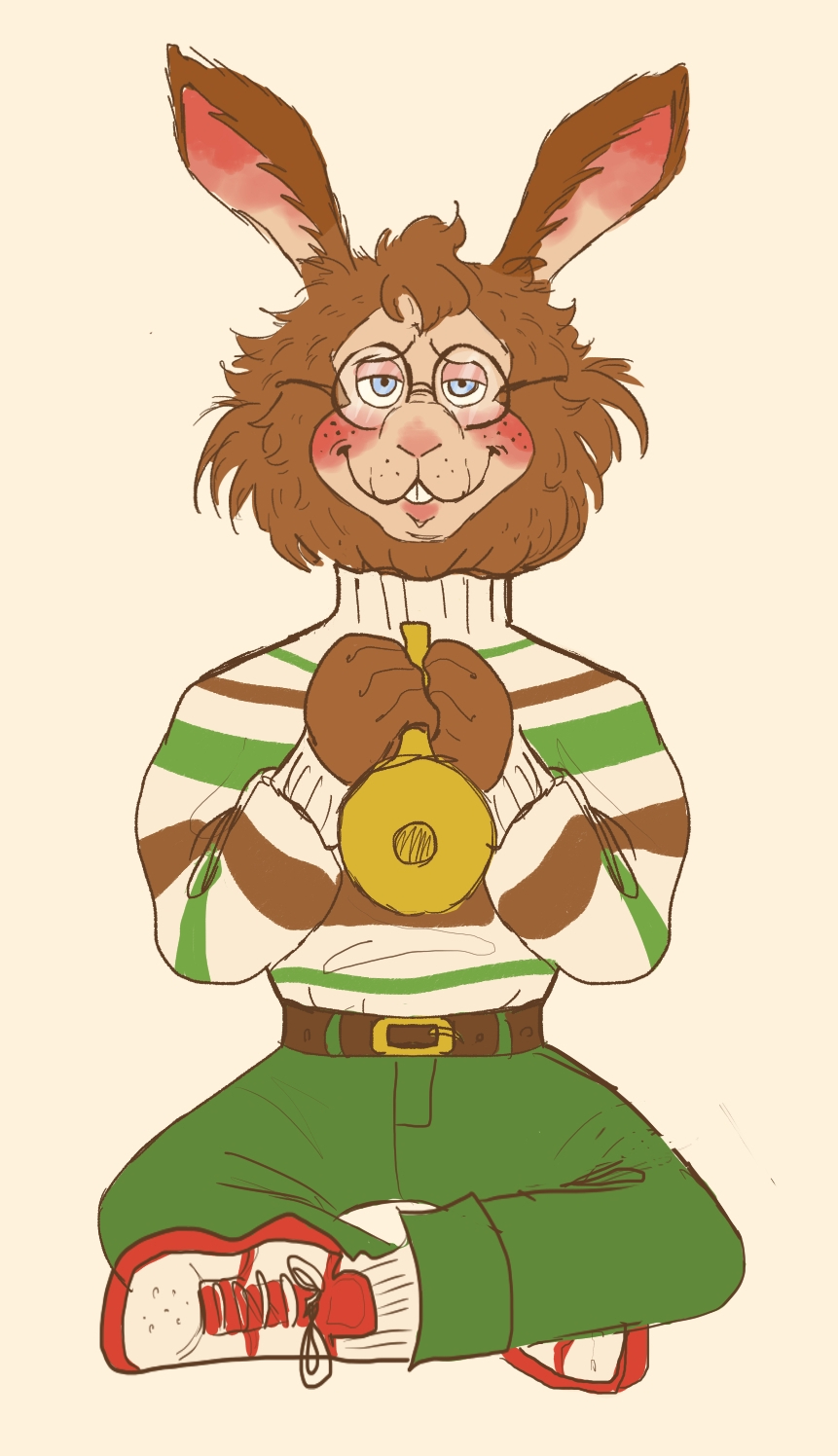 A digital drawing of Ollie Callaghan, a brown lionhead rabbit with a latex animatronic face. He is sitting down and holding a trumpet, and is drawn like a creative engineering animatronic.