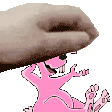 A hand nicely petting a silly pink rabbit.