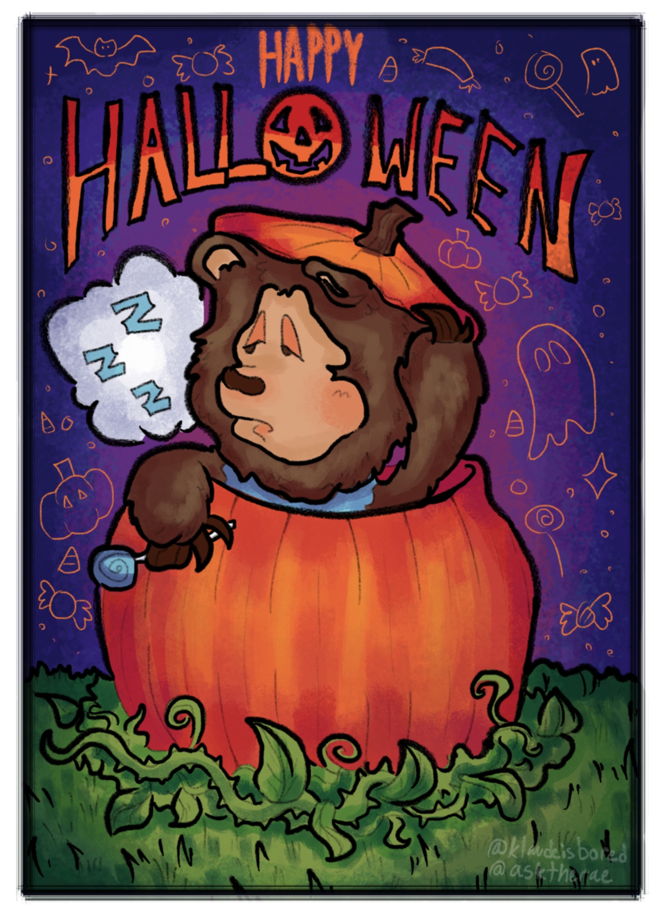 A digital drawing of Choo Choo (a baby cub black bear) peering out from a pumpkin sleepily. There are three z's in a sleepy bubble next to him, and the pumpkin is sitting on a bed of green foliage. The background is various shades of purple and indigo, with orange doodles of ghosts, candy, and pumpkins on top of it. Orange text above the drawing says 'HAPPY HALLOWEEN'