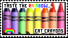 Rainbow crayola crayons with text saying 'taste the rainbow... eat crayons'