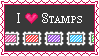 A stamp of moving stamps saying 'I heart stamps.'