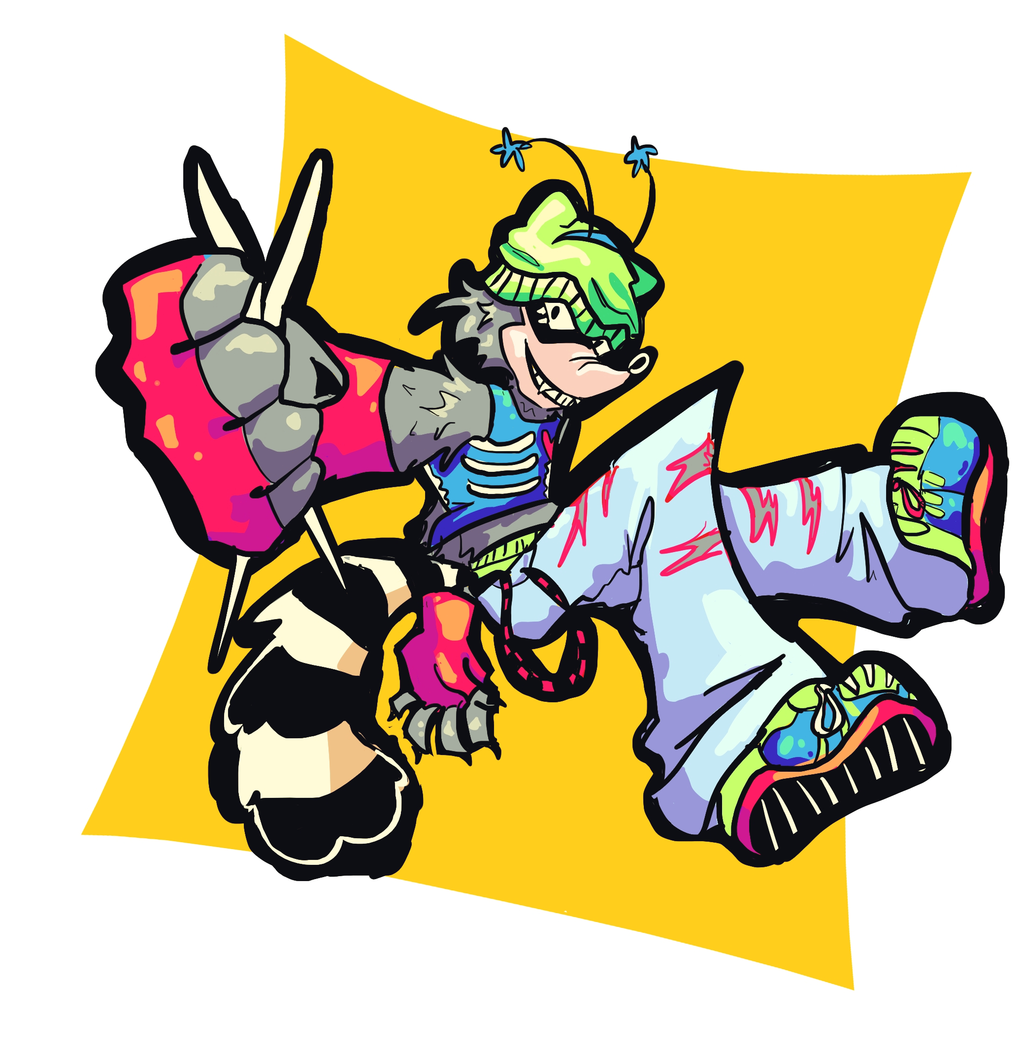Colorful digital art of an early design of Trinket K in a dynamic position holding his drumsticks. He is a raccoon in a colorful alternative getup.
