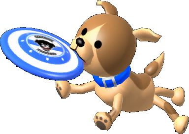 The 3d dog featured in wii games catching a frisbee.