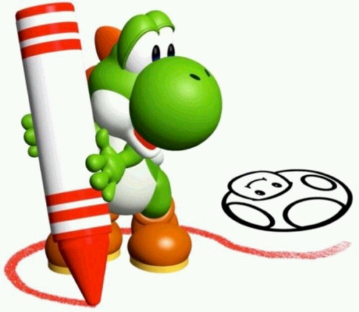 Yoshi drawing with a big red crayon.